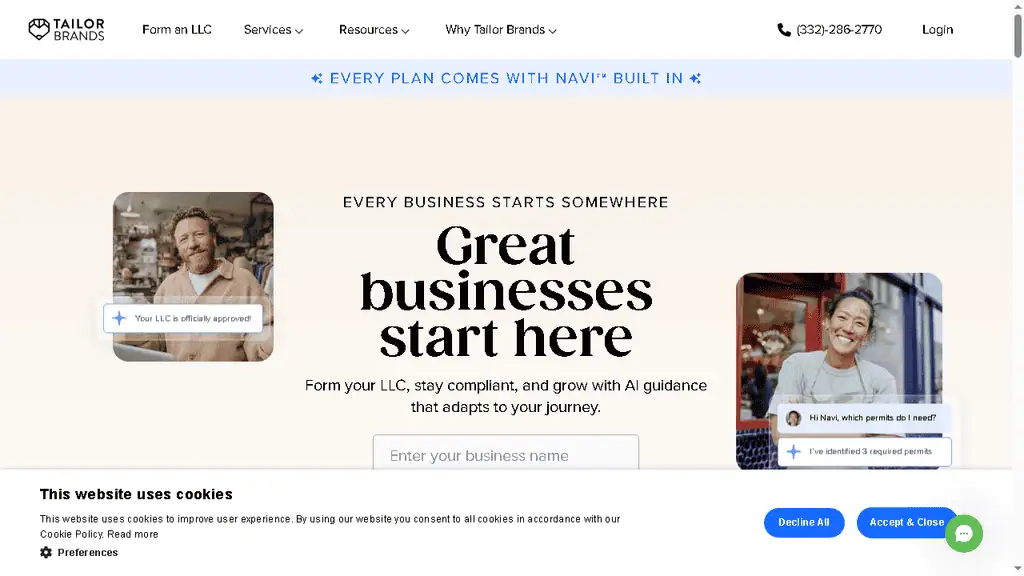 Tailor Brands business setup platform homepage with naming, logo, and LLC services integrated