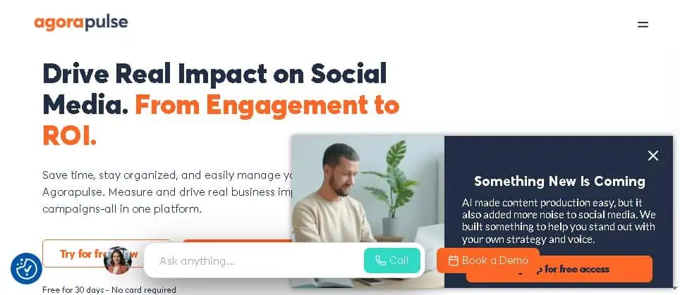 Agorapulse homepage showing social media management with a unified inbox