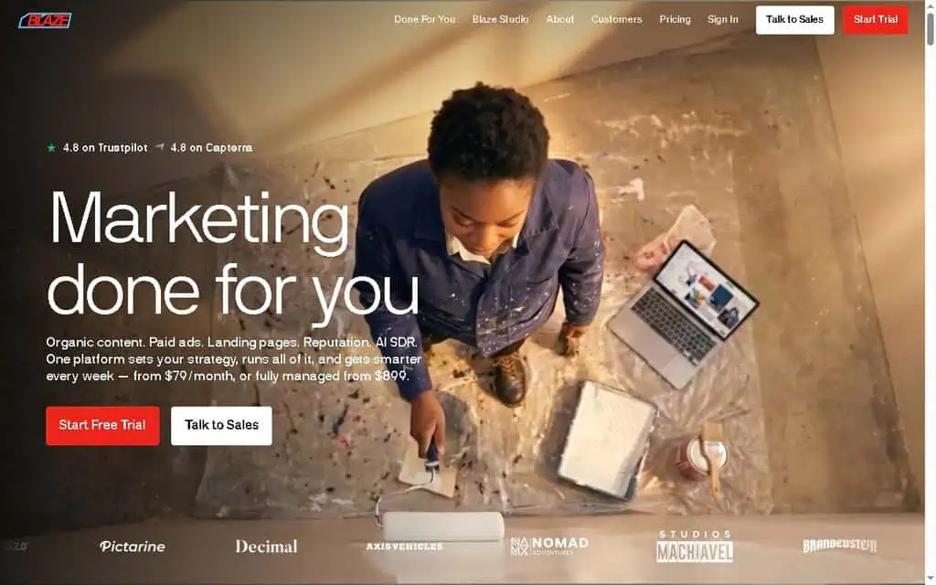 Blaze.ai homepage showing AI marketing content generation for social media