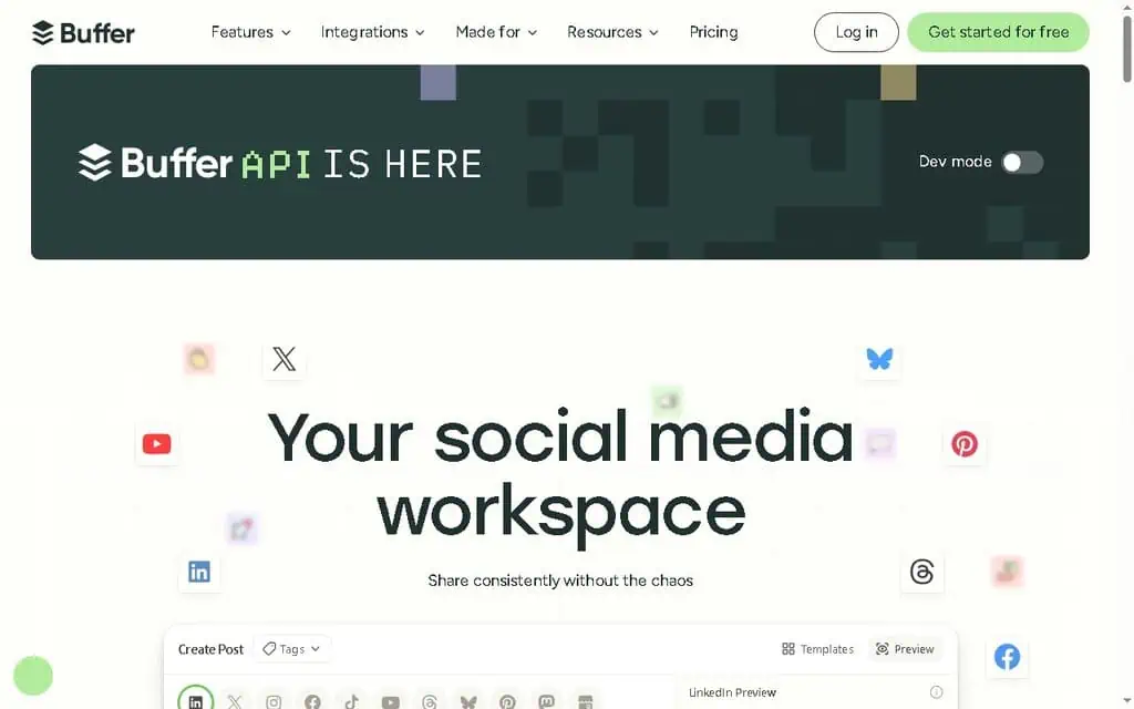 Buffer homepage showing its social media scheduling dashboard and AI assistant for small business