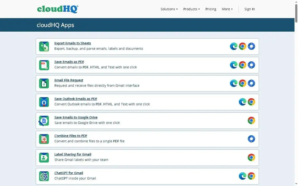 cloudHQ apps page showing the full grid of 90-plus Gmail productivity tools and extensions