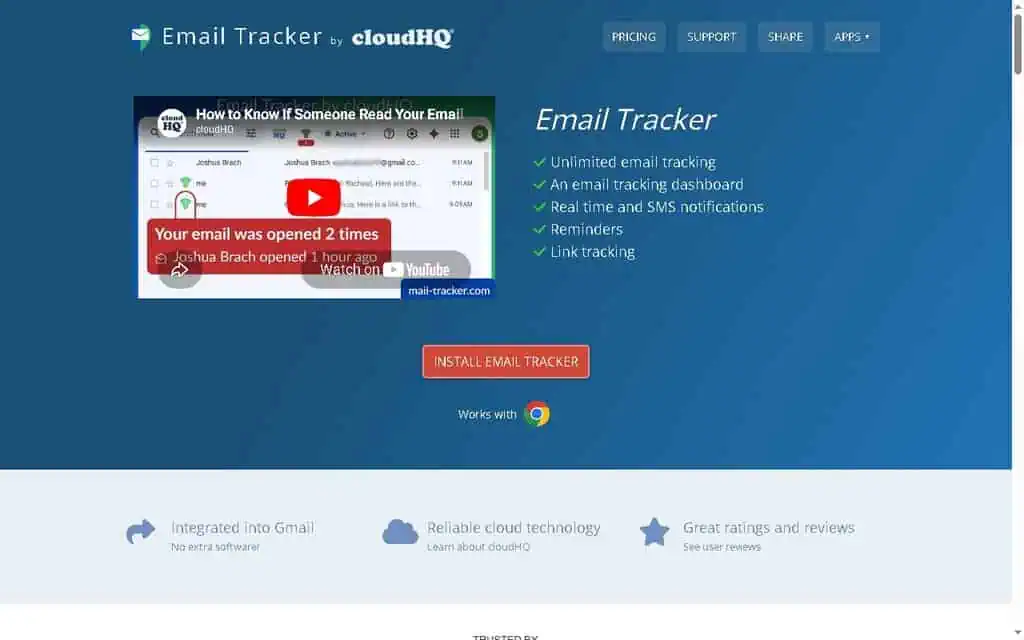 cloudHQ Email Tracker results in Gmail showing real-time open and click timestamps for a sent proposal