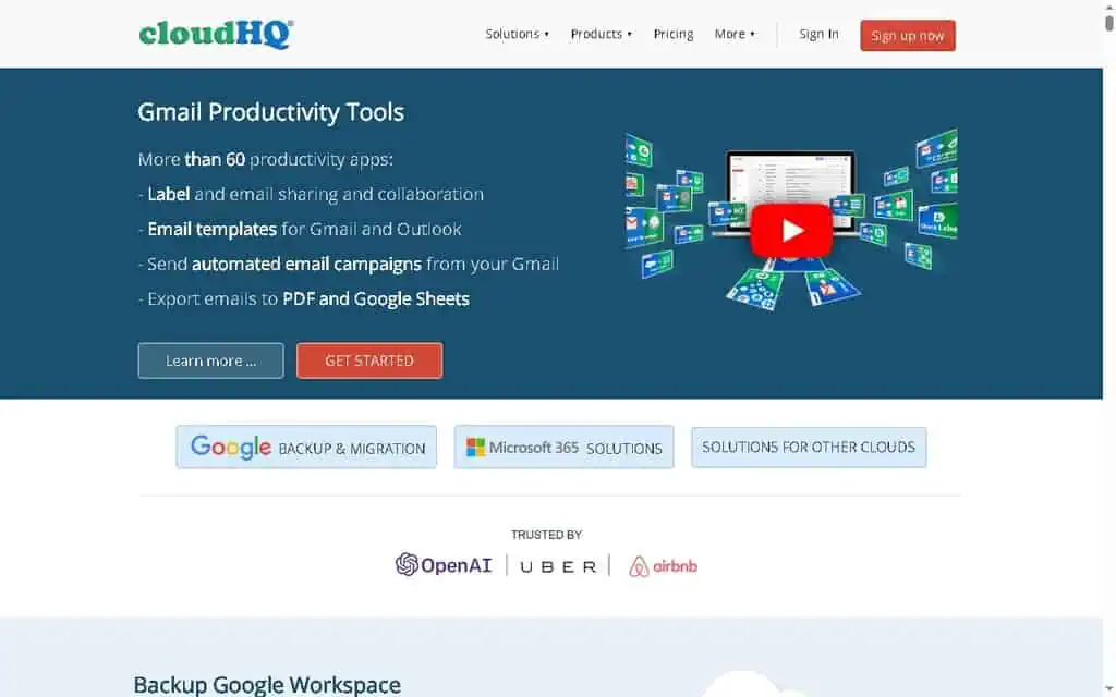 cloudHQ homepage showing the Gmail Productivity Tools value proposition and 60-plus apps