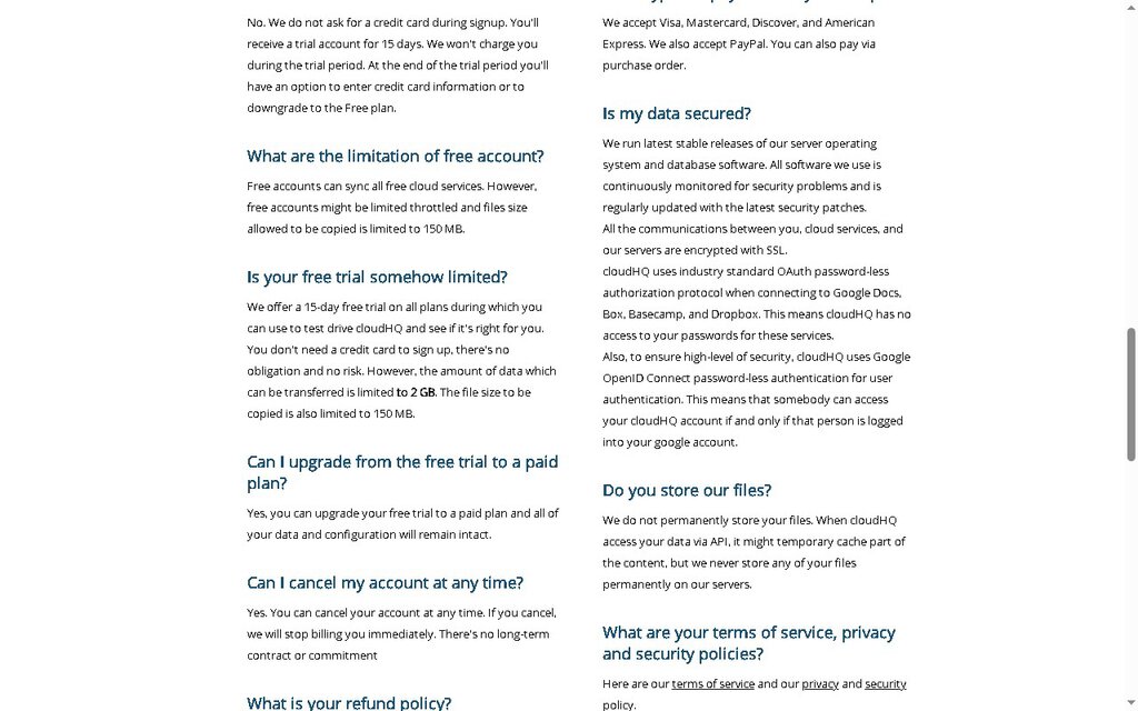 cloudHQ security FAQ explaining OAuth authorization, SSL encryption, and that files are not permanently stored