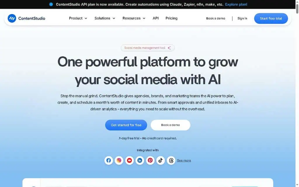 ContentStudio homepage showing AI content discovery and social media scheduling