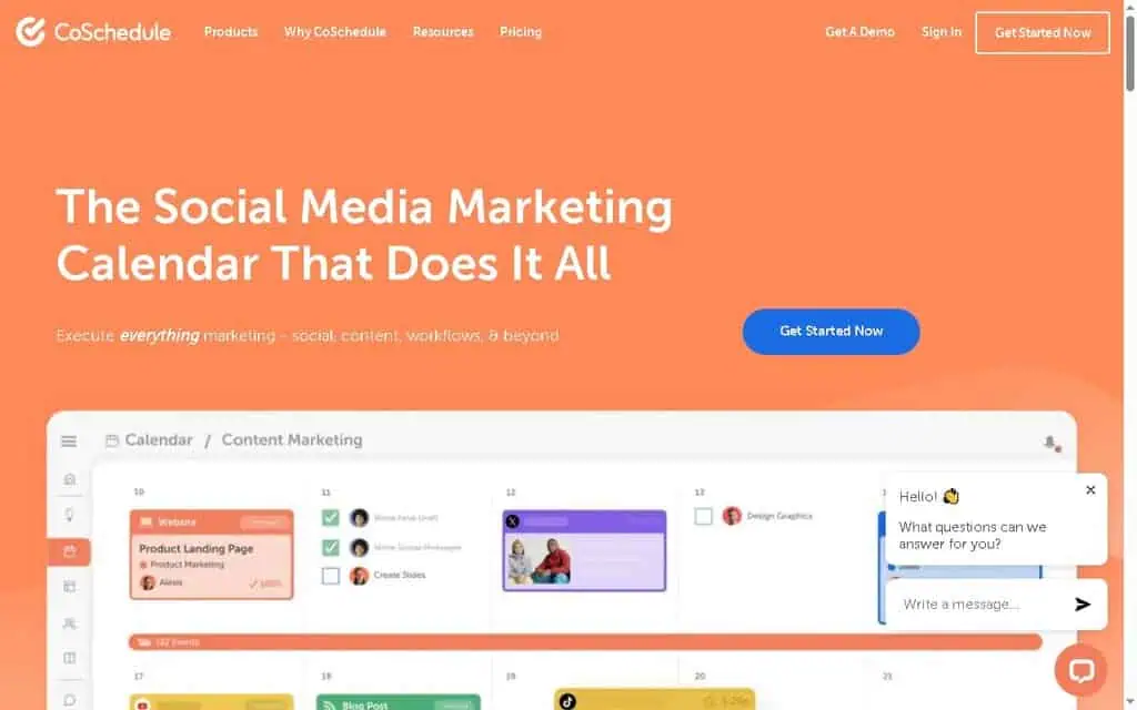 CoSchedule homepage showing its marketing calendar and social media scheduling tools