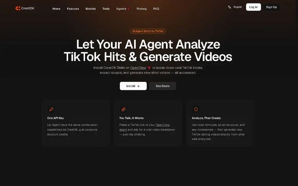 CreatOK Agents page showing AI skills plugin for TikTok video analysis and generation