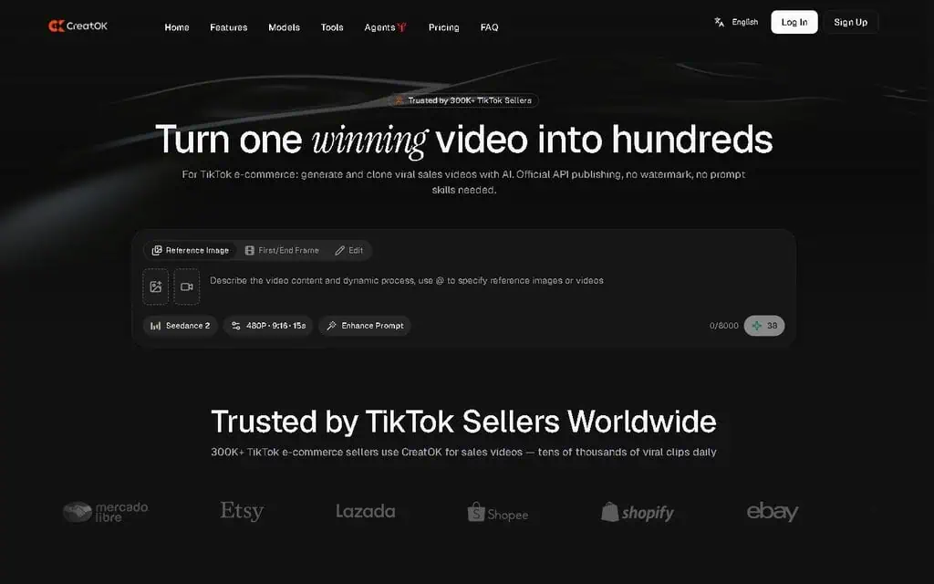CreatOK homepage showing AI TikTok video generator with one-click viral cloning