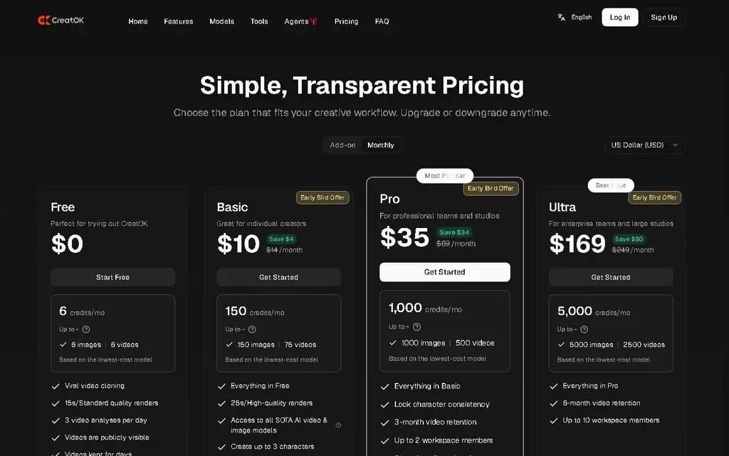 CreatOK pricing page showing Free, Basic at 7 dollars and Pro at 35 dollars monthly plans