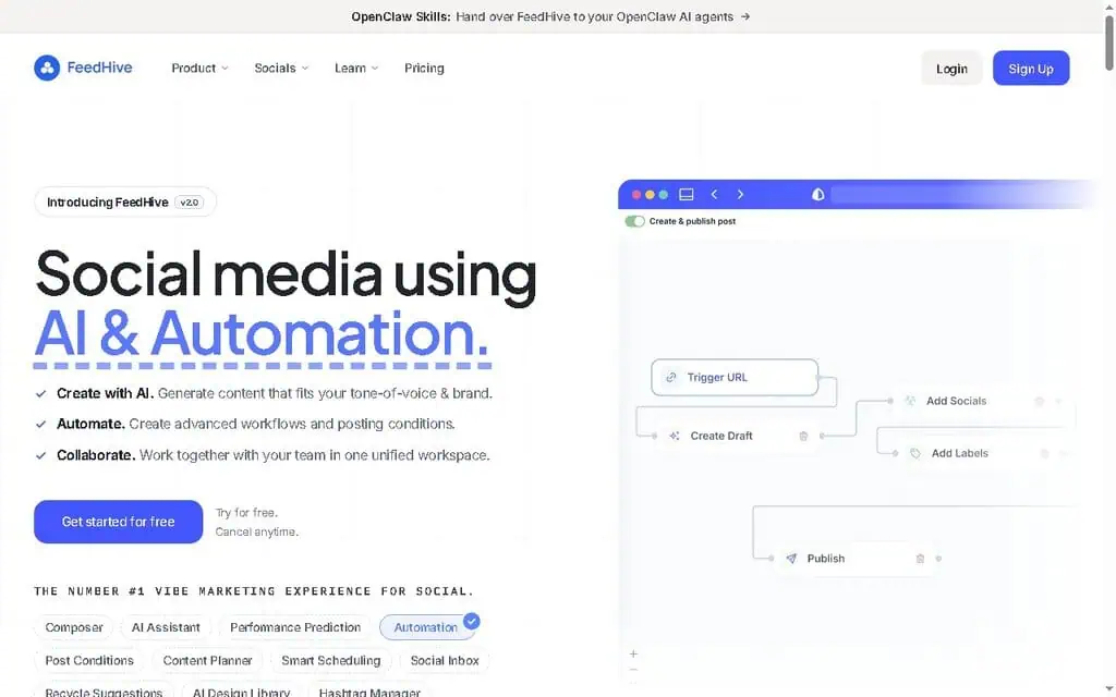 FeedHive homepage showing AI writing and social media scheduling automation