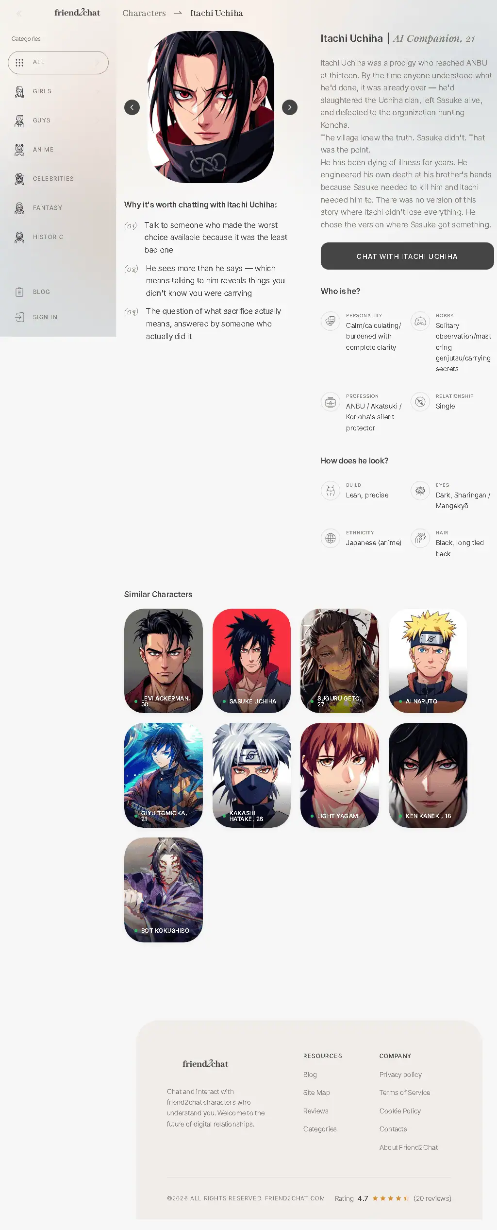 Friend2Chat character profile page for Itachi Uchiha showing personality description, backstory and chat entry point