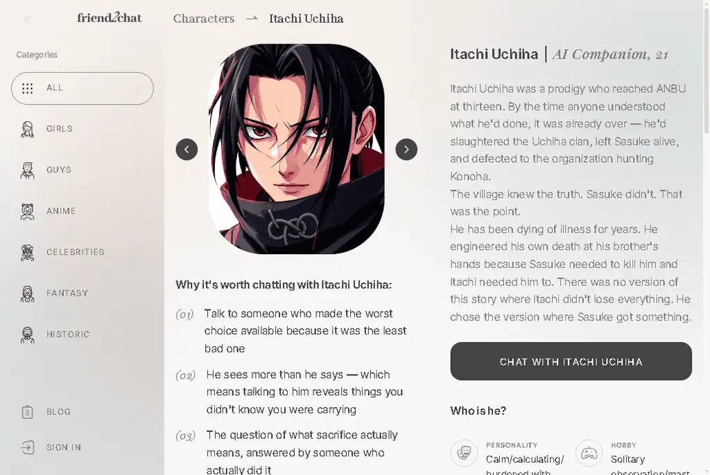 Friend2Chat chat interface with an Itachi Uchiha character conversation showing voice and image messaging options