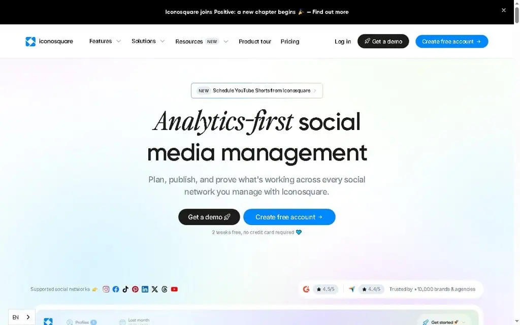 Iconosquare homepage showing analytics-led social media management and scheduling