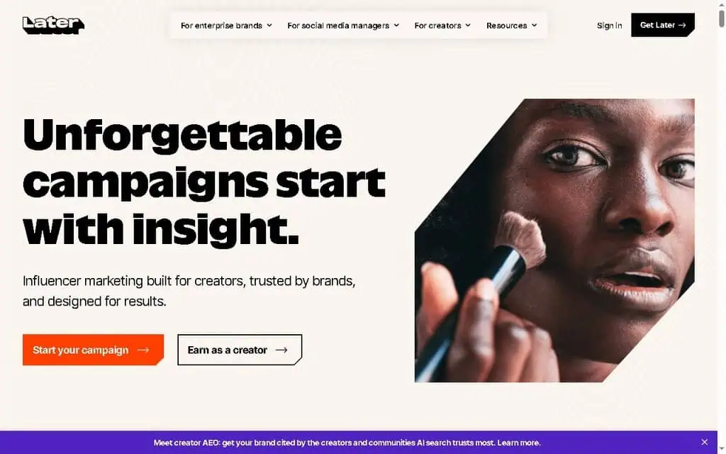 Later homepage showing its visual content calendar and Instagram scheduling tools