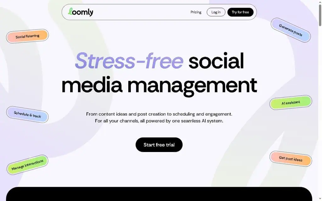 Loomly homepage showing guided social media post creation and scheduling