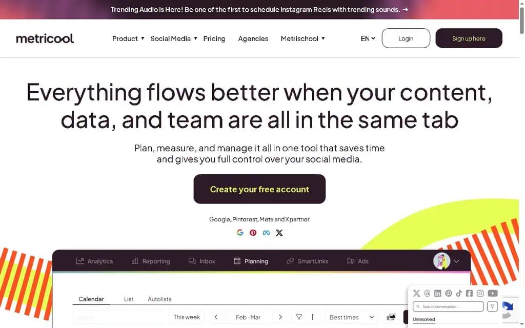 Metricool homepage highlighting social media scheduling, analytics, and best time to post features