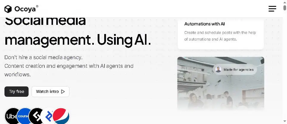 Ocoya homepage showing AI copywriting, design, and social media scheduling in one tool