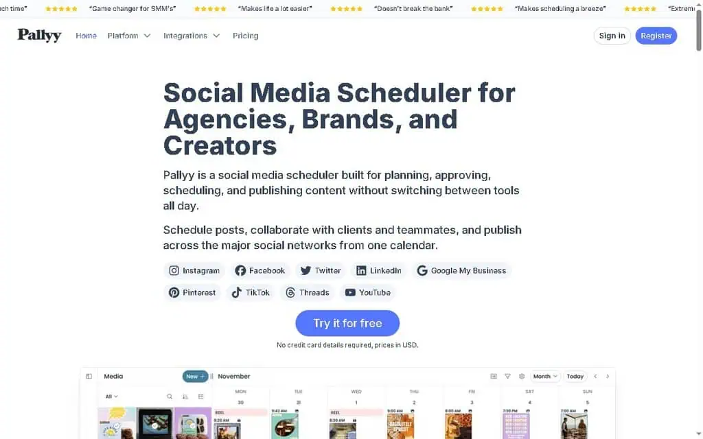 Pallyy homepage showing clean social media scheduling and planning for agencies