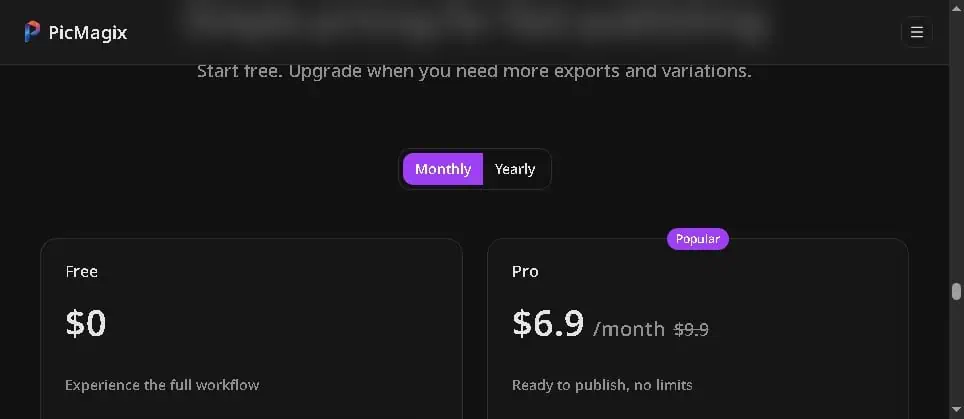 PicMagix pricing page showing Free, Pro, and Max plans with monthly parse limits