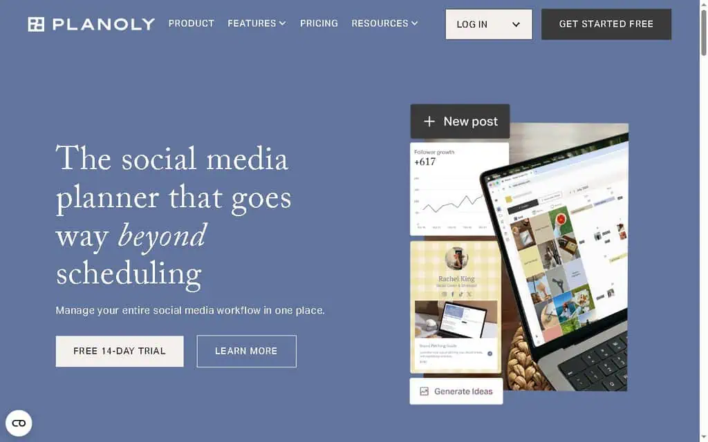 Planoly homepage showing visual Instagram and Pinterest content planning
