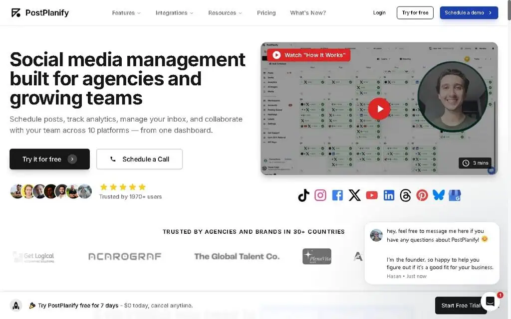 PostPlanify homepage showing affordable all-in-one social media scheduling