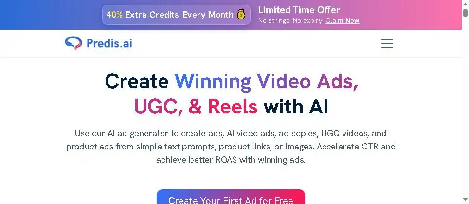 Predis.ai homepage showing AI generation of social media ads, videos, and carousels