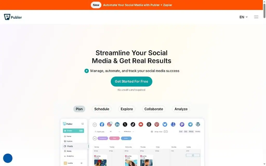 Publer homepage showing AI-powered social media scheduling and bulk posting tools