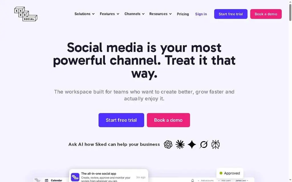 Sked Social homepage showing Instagram-first social media scheduling for agencies