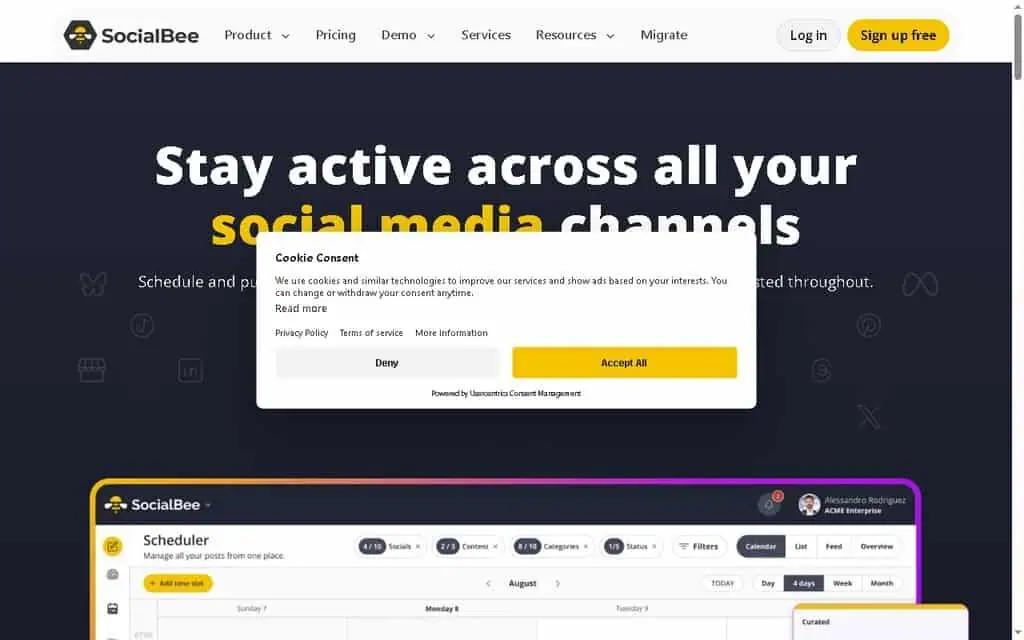 SocialBee homepage featuring AI-powered, category-based social media scheduling