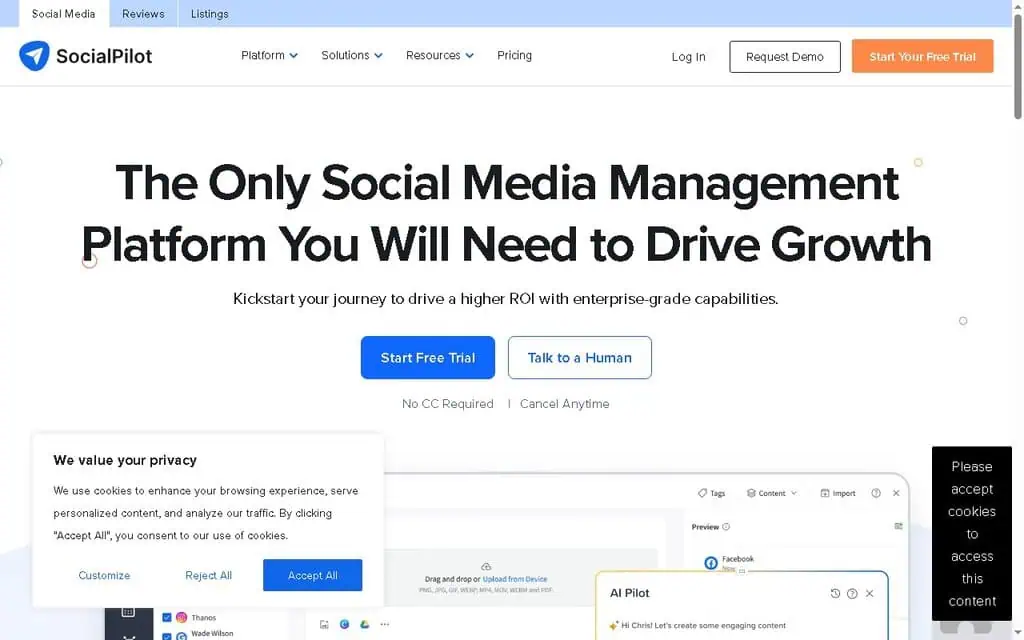 SocialPilot homepage showing social media scheduling and management built for agencies