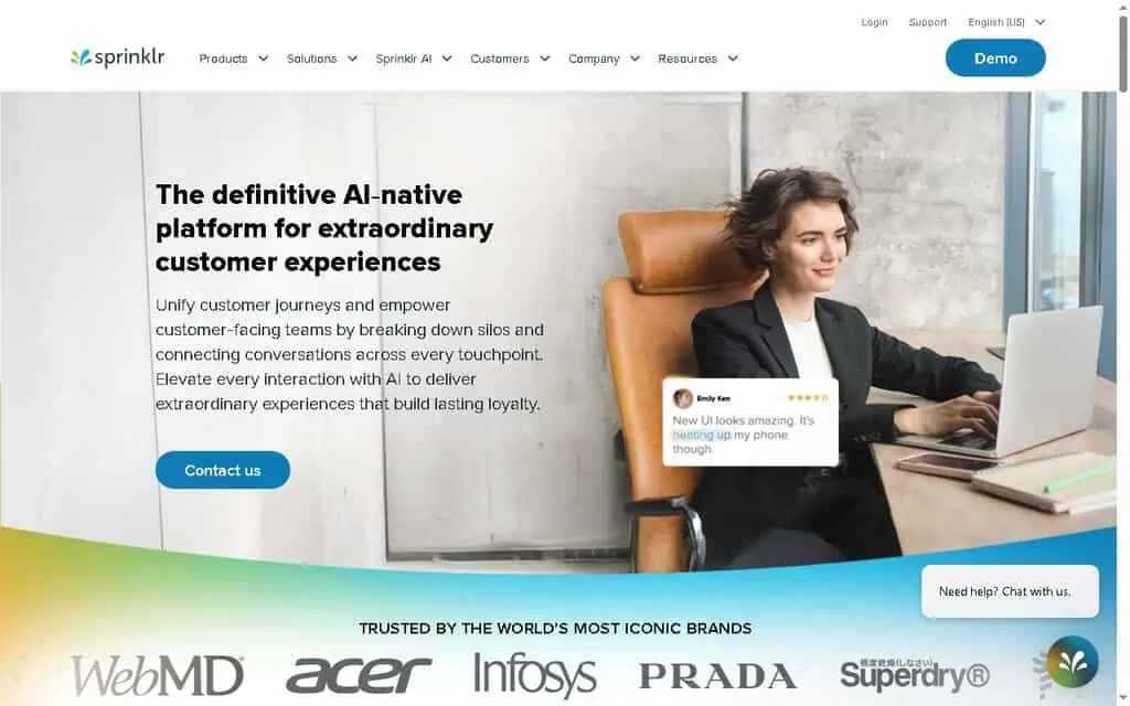Sprinklr homepage showing its enterprise social media management platform