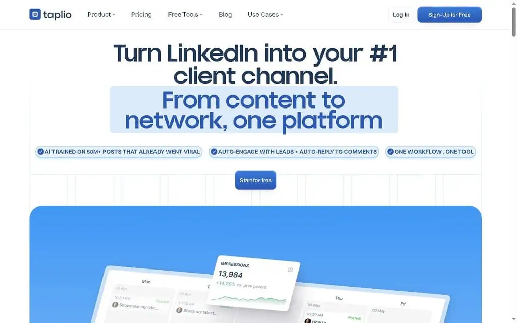 Taplio homepage showing AI-powered LinkedIn content creation and scheduling