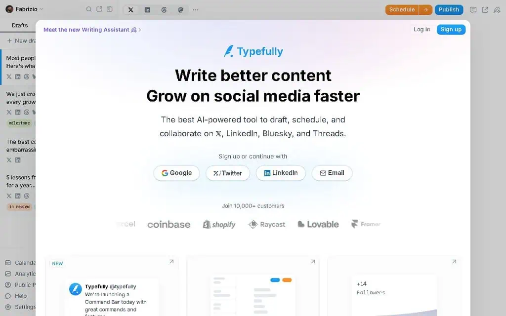 Typefully homepage showing X and LinkedIn writing and scheduling tools