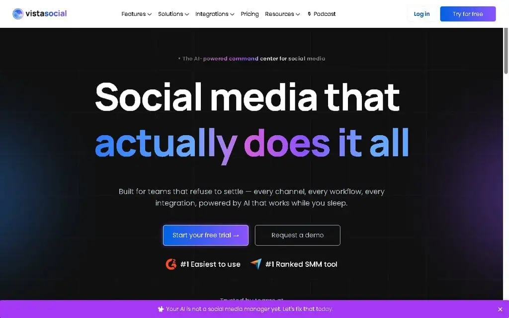Vista Social homepage showing its AI command center for social media management