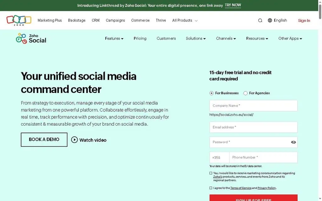 Zoho Social homepage showing social media management within the Zoho ecosystem