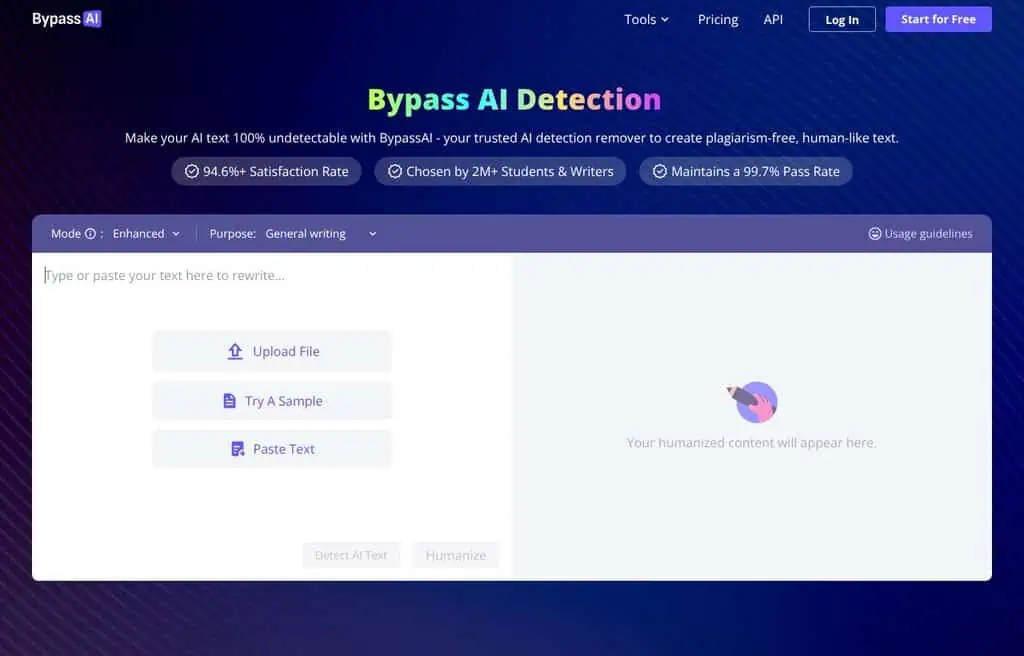 BypassAI AI detector homepage screenshot