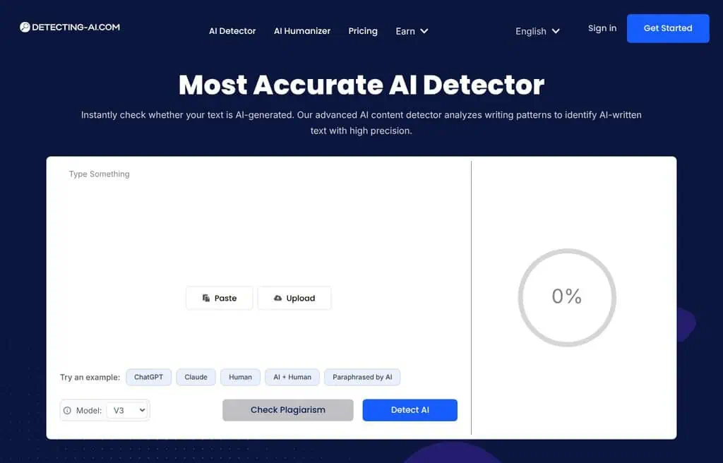 Detecting-AI AI detector homepage screenshot