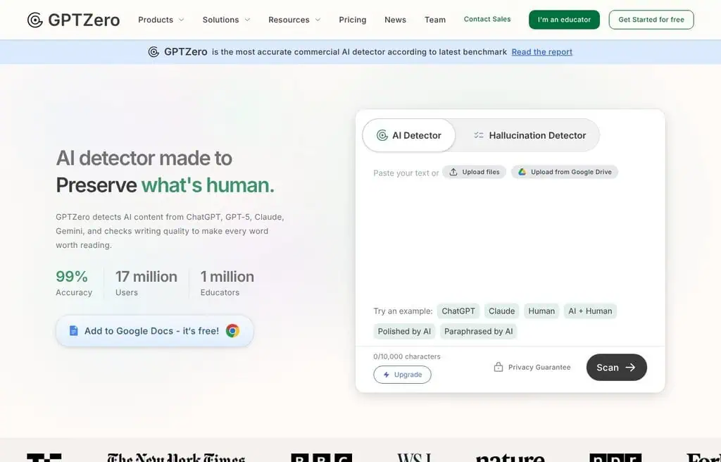 GPTZero AI detector homepage screenshot