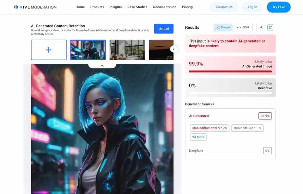 Hive Moderation AI detector homepage screenshot