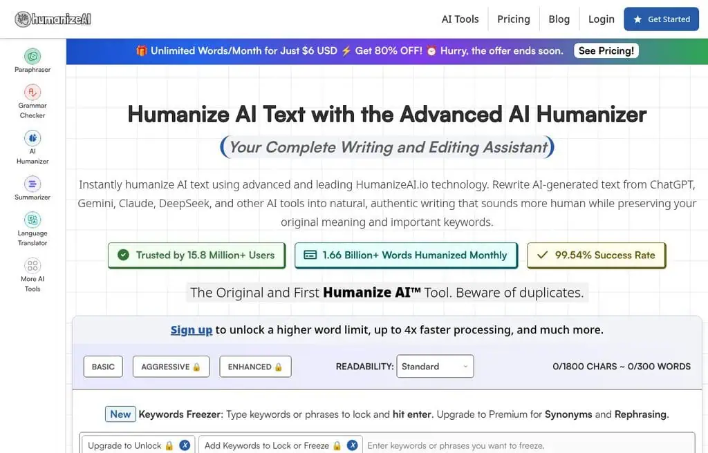 Humanize AI AI detector homepage screenshot