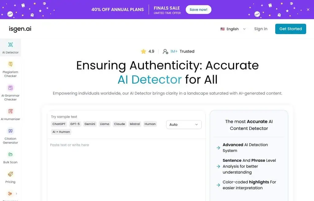 Isgen AI detector homepage screenshot