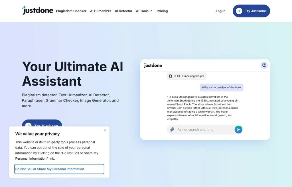 JustDone AI detector homepage screenshot