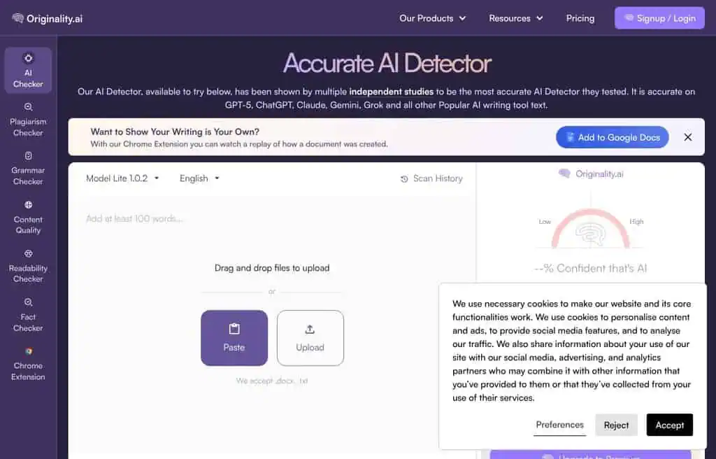 Originality.ai AI detector homepage screenshot