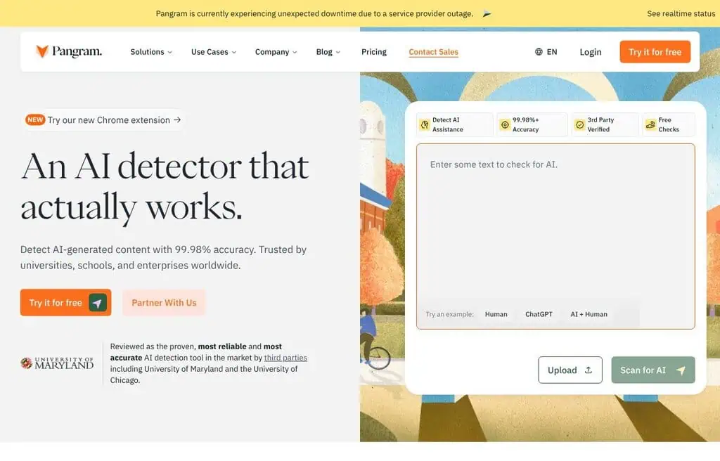 Pangram AI detector homepage screenshot