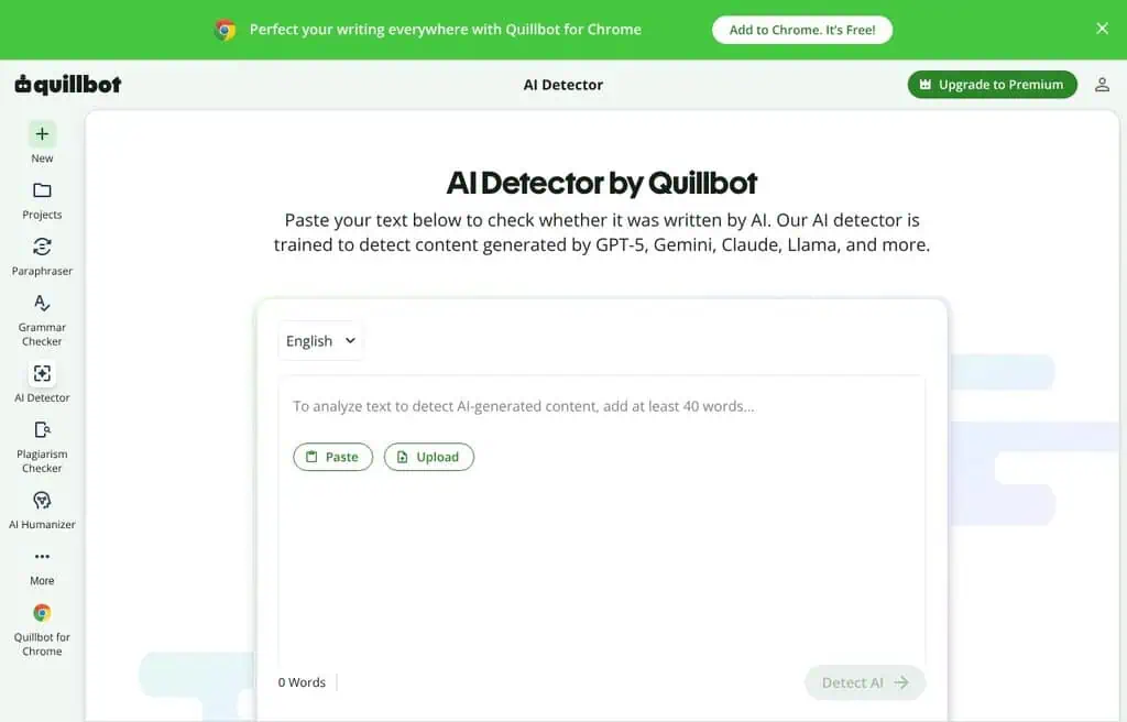 QuillBot AI Detector AI detector homepage screenshot