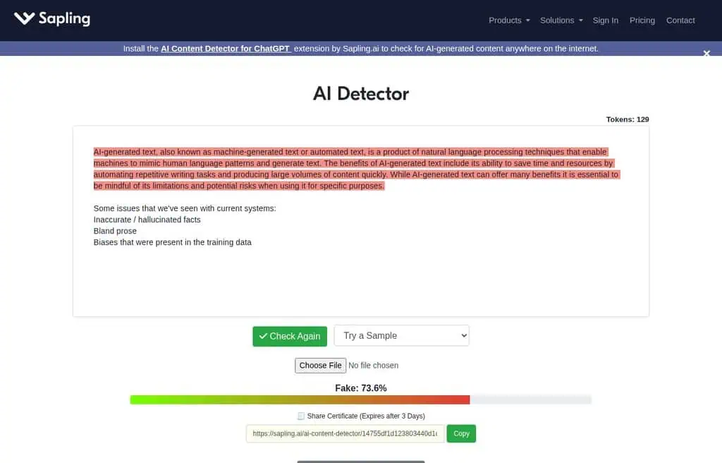 Sapling AI Detector AI detector homepage screenshot