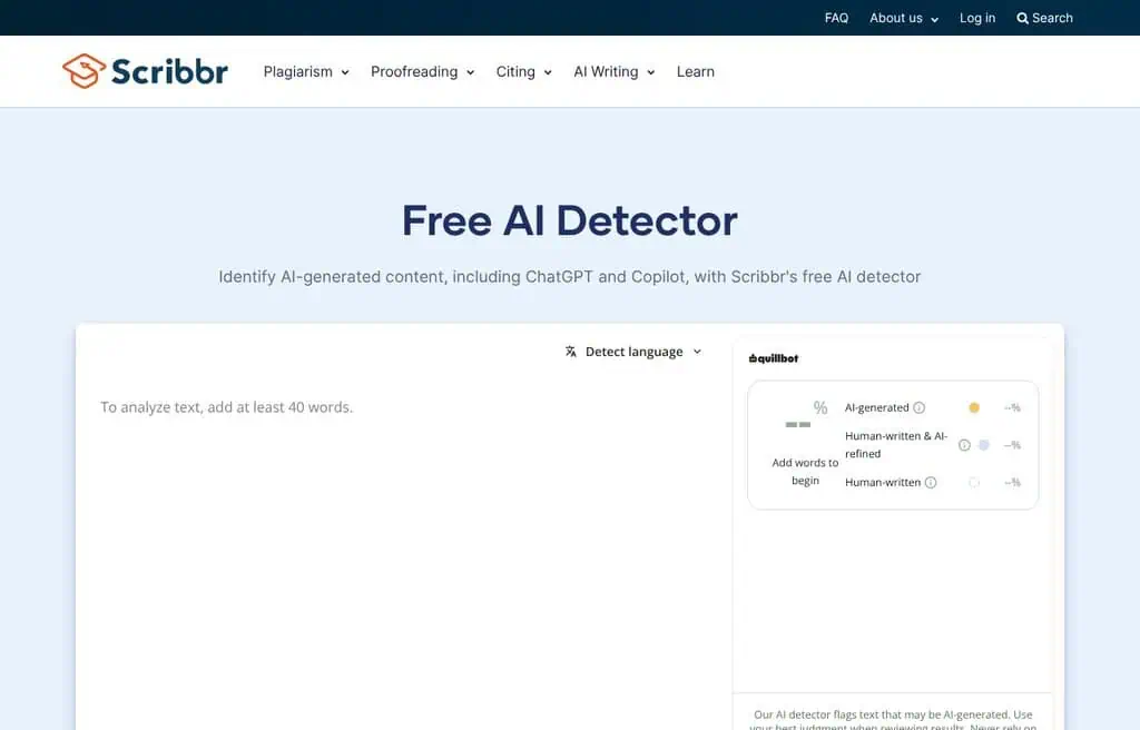 Scribbr AI Detector AI detector homepage screenshot