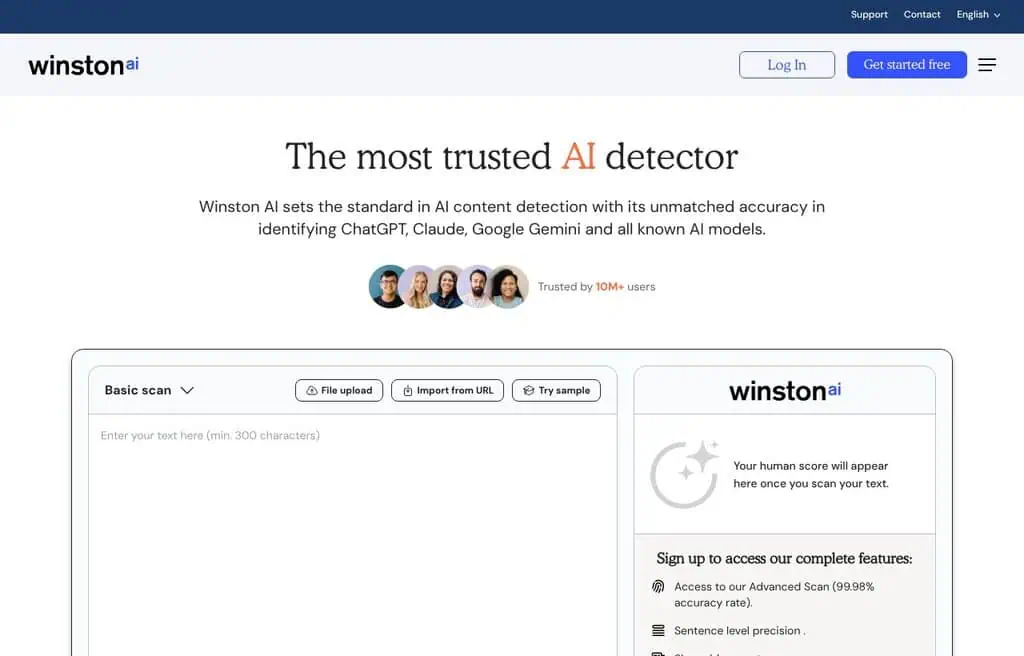 Winston AI AI detector homepage screenshot