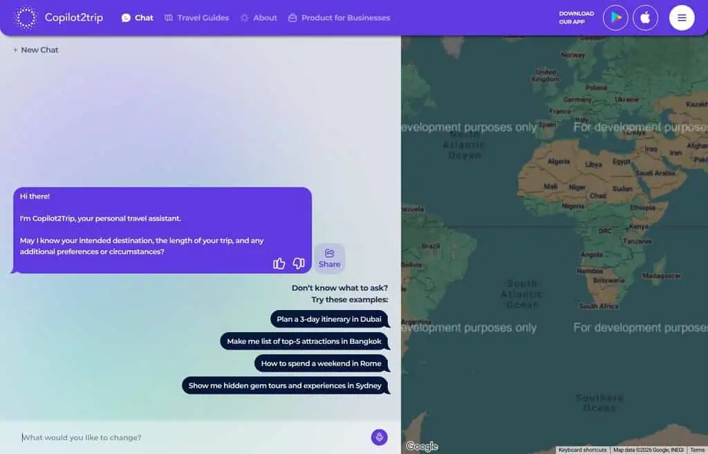 Copilot2trip AI travel planner homepage screenshot