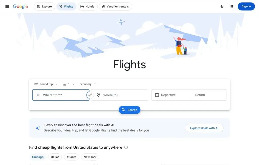 Google Travel (Trips) AI travel planner homepage screenshot